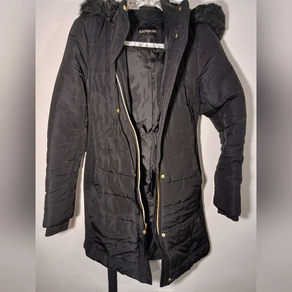 Express Hooded Black Puffer Coat with Gold Details - Picture 8 of 11